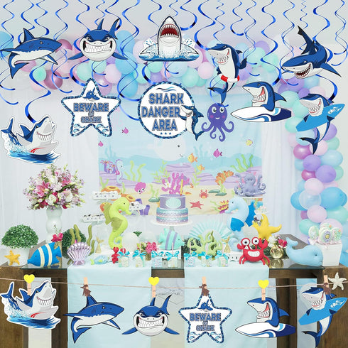 Censen 30 Pieces Shark Hanging Swirls Decorations Shark Party Supplies Ocean Sea Foil Swirls Hanging Ceiling Decoration for Sea Theme Baby Shower ...
