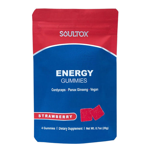 Soultox Energy Mushroom Gummies Strawberry - Vegan Formula with Ginseng, Cordyceps, Caffeine, Vitamin B12 - Boosts Energy and Cognitive Function -...