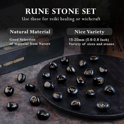 Crocon Black Tourmaline Gemstone Elder Futhark Alphabet Engraved Symbol Rune Stone 25 pcs Set for Feng Shui Chakra Balancing Reiki Healing Spiritu...