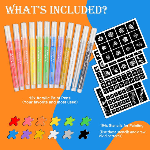 ANTIKE 12 Colors Washable Acrylic Markers Paint Pens Set with 104 Stencils,Acrylic Paint Pens for Rock Painting,Metal,Plastic,Ceramic,Canvas,Wood,...