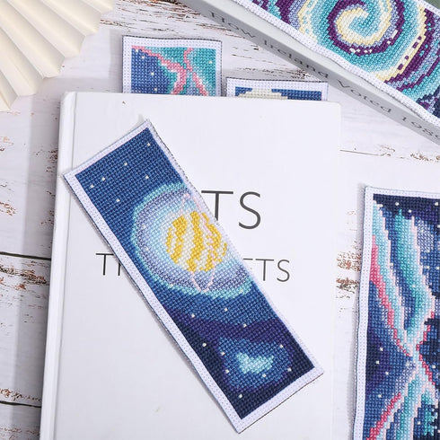 ORIGACH 6 Set Cross Stitch Bookmark Kit for Beginner Starry Sky Pattern DIY Stamped Embroidery Bookmark Kit with 20 Colors Embroidery Floss Instru...