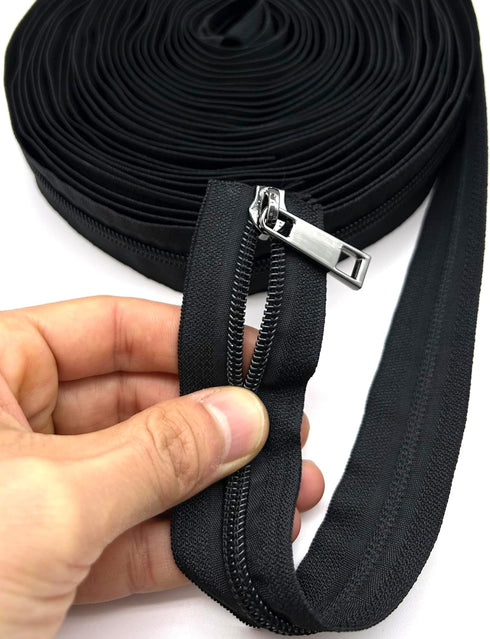 Goyunwell Black Zipper Tape by The Yard #5 with 10 Yards Black Nylon Coil Zippers for Sewing Purse and Bag 20pcs Gunmetal Zipper Pulls...