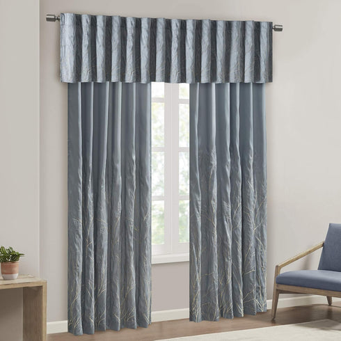 Madison Park Andora Embroidered-Rod Pocket Valance, Tree Small Faux Silk Valances for Window, 50" x 18", Blue...