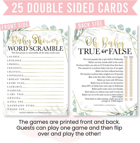 Hadley Designs Hilarious Baby Shower Games Set – 25 Double-Sided Cards for 25 Guests, 2 Games, Word Scramble Baby Shower Game, True or False, Gend...