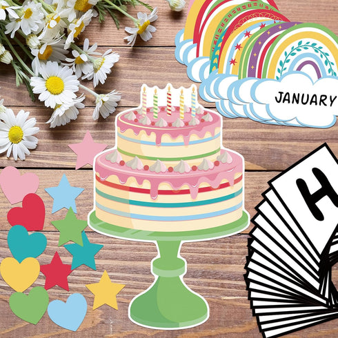 65 Pcs Birthday Bulletin Board Set Rainbow Classroom Happy Boho Birthday Chart Cutouts Decorations Decor Board for Classroom Home Calendar Bulleti...