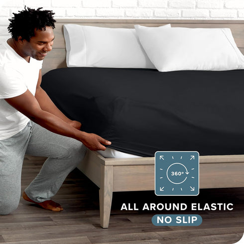 Bare Home Fitted Bottom Sheet Queen - Premium 1800 Microfiber - Ultra-Soft Wrinkle Free - Deep Pocket - Fitted Sheet (Queen, Black)...