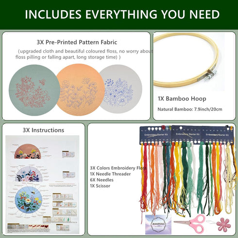 Ahapego Embroidery Kit for Beginners Adults, 3 Sets Hand Embroidery Kit DIY Crafts, Embroidery Stitch Practice Kits with Stamped Pattern, Easy to ...