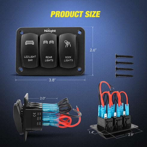 Nilight - 90105C 3 Gang Aluminum Rocker Switch Panel 5 Pin ON/Off Pre-Wired Toggle Switch Panel With Rocker Switch Holder 12/24V for Marine Boat C...