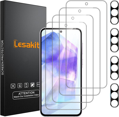 4+4 Pack Samsung Galaxy A55 5G Screen Protector, 4 Pack Tempered Glass Screen Protector with 4 Pack Camera Lens Protector, 9H Hardness Anti-Finger...