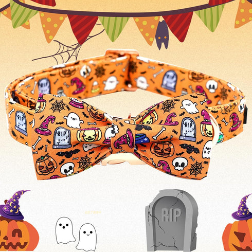 Elegant little tail Dog Collar, Fall Dog Collar Pumpkin Holiday Pet Collar Dog Halloween Dog Bow Collar Pet Durable Adjustable Girl Boy Dog Collar...