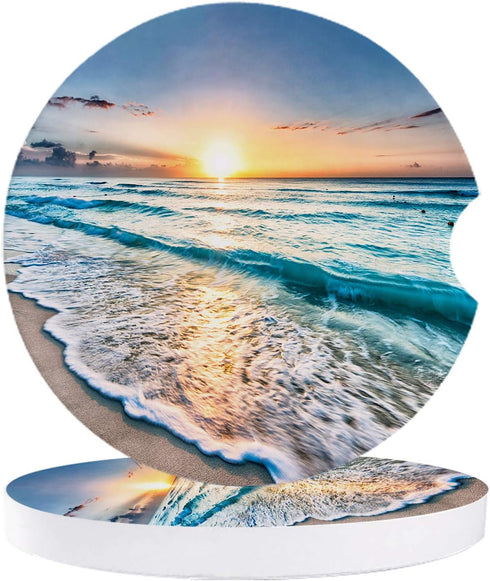 Small Car Coasters for Cup Holders 2.65" Absorbent 2 Pack Car Coaster Ceramic Stone for Drinks Absorb Water Drops Ocean Theme Sand Beach Wave Sea ...