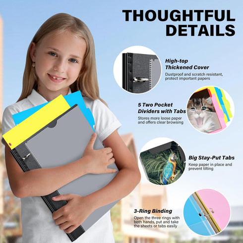 WOT I Telescoping Project Organizer, Refillable 3 Ring Binder Pocket Folder with Customized Front Cover+Clear Catalog Pocket+5 Double-Pocket Tab D...