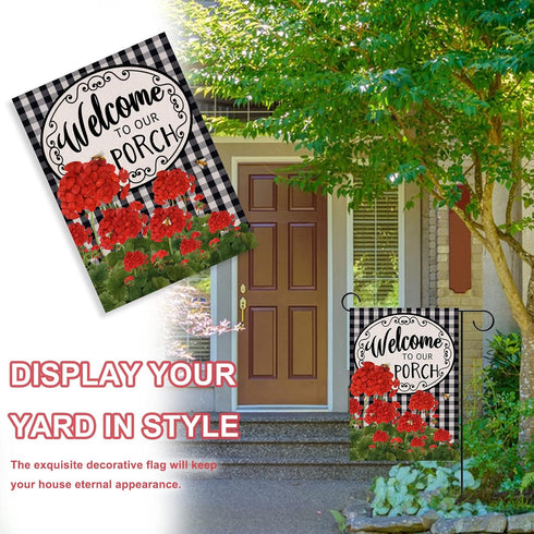 Home Decorative Welcome to Our Porch Geranium Spring Summer Garden Flag, Red Flower Black White Buffalo Plaid Check House Yard Outside Decoration ...