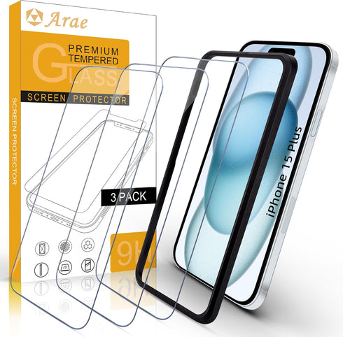 Arae Screen Protector for iPhone 15 Plus 6.7 inch, HD Tempered Glass Anti Scratch Work with Most Case, 6.7 inch, 3 Pack......