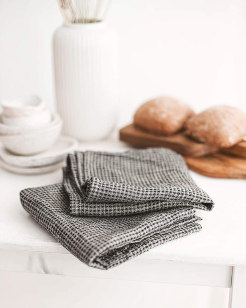 Pure 100% Linen Hand Towels - Set of 2 Linen Kitchen Towels Waffle Weave Black-Natural - 13 x 29-inch Soft Lightweight Stone-Washed Dish Towels - ...