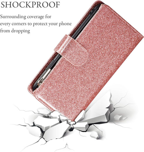 UEEBAI Wallet Case for iPhone 11, PU Leather Wallet Magnetic Closure Handbag Zipper Pocket Kickstand Card Slots with Hand Strap Glitter Flip Case ...