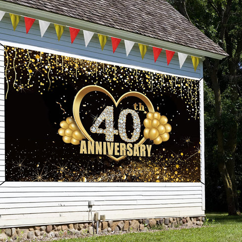 Happy 40th Anniversary Banner Backdrop Decorations, Large Wedding Background Sign Decor, Black Gold 40 Year Photography Photo Props Party Supplies...
