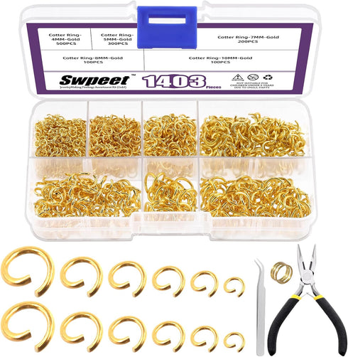 Swpeet 1403Pcs Mixed Size 4-10mm Gold Open Jump Rings Kit with Tweezer, Jump Ring Pliers and Jump Ring Opener, Round Ring Connectors for Jewelry M...