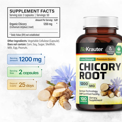 BIO KRAUTER Chicory Fiber Supplement - 1200 mg Strength - 100 Count - Chicory Root Powder - Inulin Capsules for Digestive Support - Vegan...
