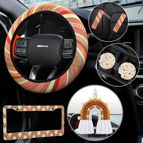 7 Pcs Boho Car Accessories Sets Include Boho Steering Wheel Cover 15" Absorbent Car Cup Holder Mat Rainbow Retro License Plate Frames Seat Belt Co...