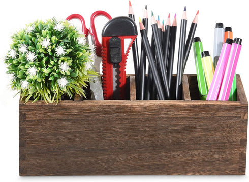 Wood Pencil Holder for Desk, Wooden Pen Pencil Organizer with 4 Compartment, Multi-Functional Desk Organizer for Pen Pencil Office Supplies Remote...