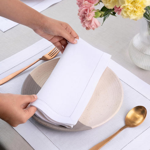 D'Moksha Homes White Linen Napkins Set of 4 - Classic Hemstitch 100% Pure Linen Hemstitch Dinner Napkins 20 x 20 Inch for Summer, Fall and Hallowe...