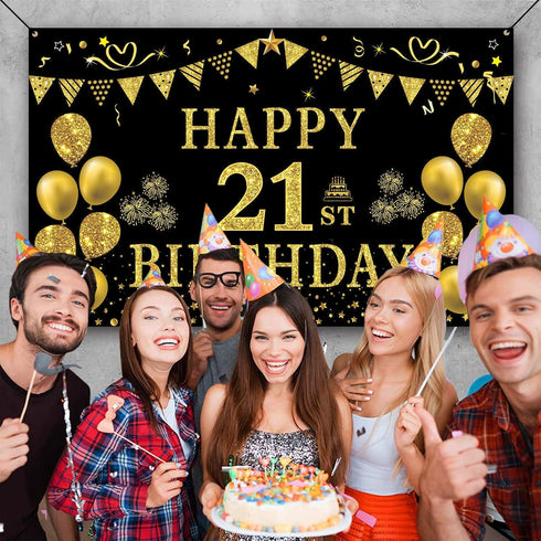 Trgowaul 21st Birthday Decorations for her him, Men Women Black Gold 21st Birthday Backdrop Banner, 21 Years Old Party Supplies Photography Backgr...