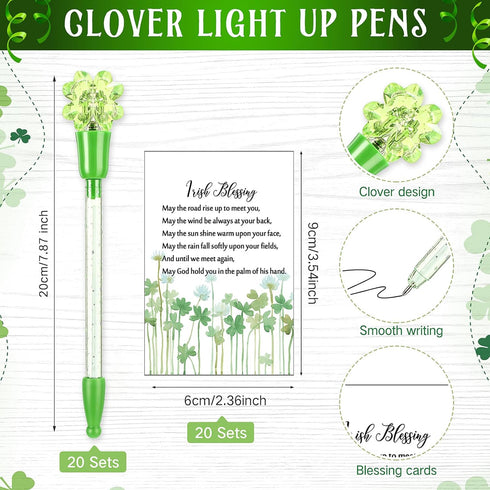 20 Set St Patrick's Day Pens Bulk Shamrock LED Light up Pens Four Leaf Flashing Green Black Ink Clover Rollerball Ballpoint Pen with Card for Scho...