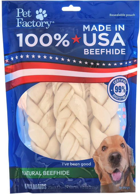 Pet Factory 100% Made in USA Beefhide 7" Braided Sticks Dog Chew Treats - Natural Flavor, 6 Count/1 Pack...