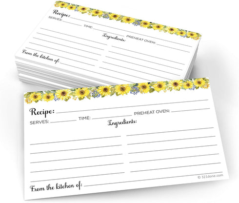 321Done Sunflower Recipe Cards (Set of 50) Small 3" x 5" - From the Kitchen Of White - Double-Sided for Weddings, Bridal, Baby Shower - Made in US...