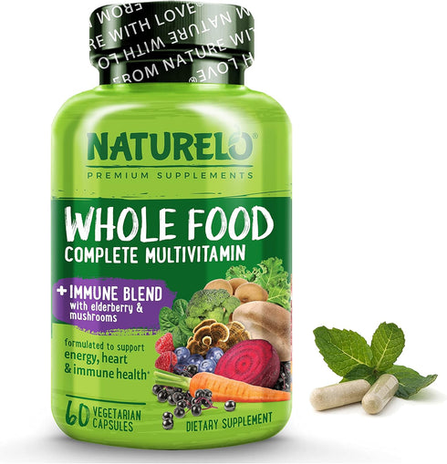 NATURELO Whole Food Multivitamin + Immune Blend with Elderberry & Mushrooms - Complete Multivitamin with Extra Immune Support - C, D3, Zinc, Elder...