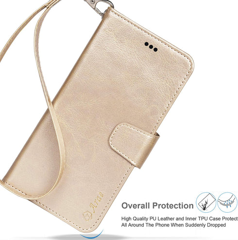 Arae Compatible with iPhone 12 Case and iPhone 12 Pro Case Wallet Flip Cover with Card Holder and Wrist Strap - Champagne Gold...