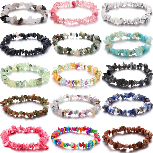 Hicarer 15 Pieces Crystal Chip Bracelets Set Natural Gemstone Bracelets Crystal Stretch Bracelets Irregular Chips Beads Bracelet for Women Girls...