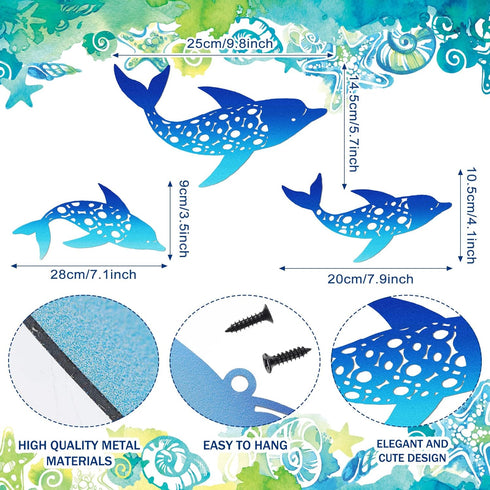 Yaomiao 3 Pieces Metal Dolphin Wall Decor Beach Coastal Hanging Decorations Ocean Nautical Tropical Beach Themed Metal Wall Art for Home Bedroom P...