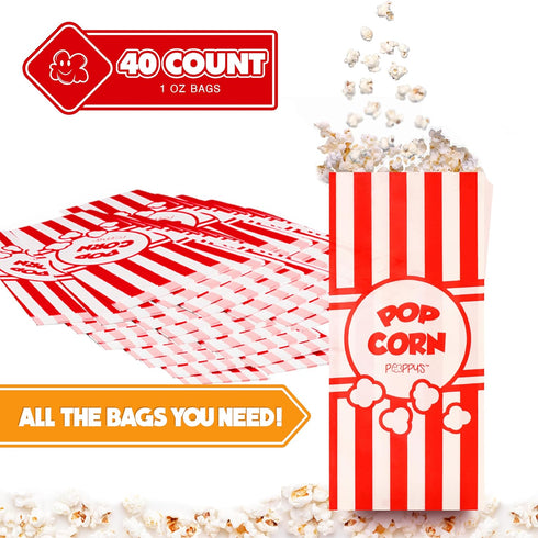 Poppy's Paper Popcorn Bags - 40 Pcs 1oz Concession-Grade Bags, Popcorn Machine Accessories for Popcorn Bars, Movie Nights, Concessions...