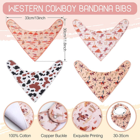 4 Pcs Western Cowboy Baby Bandana Bibs Newborn Infant Feeding Drool Bibs Wild West Cotton Bib for Drooling and Teething Nursery Burp Cloths for Gi...