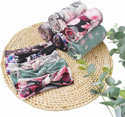 Baby Girl Newborn Swaddle Blanket Receiving Blanket with Headband Set Floral Nursery Swaddle Wrap(green)...