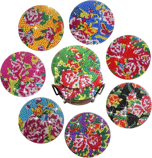 8 Pcs Diamond Art Painting Coasters with Holder,Chinese Traditional Northeast Flower Diamond Art Kits,DIY Diamond Art Painting Kits for Beginners,...