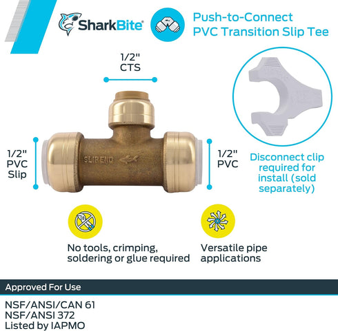 SharkBite 1/2 Inch PVC x 1/2 Inch PVC x 1/2 Inch CTS Slip Tee, Push To Connect Brass Plumbing Fitting, UIP364A...