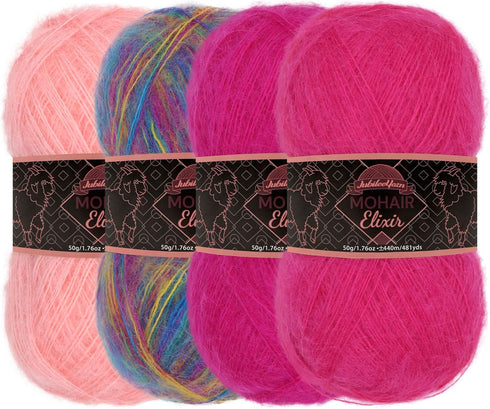 JubileeYarn Mohair Elixir Yarn - Baby Wool Blend - 50g/Skein - Shades of Pink - 4 Skeins...