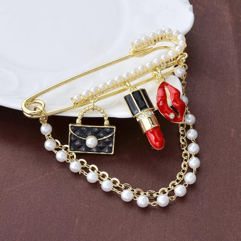 Gold Tone Crystal Pearl Chain Safety Pin Brooch Cardigan Hat Scarf Pin Brooch with Red Lip Charm...