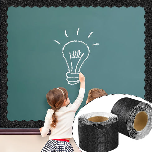 131 Ft Black Glitter Bulletin Board Borders Black Scalloped Bulletin Board Trims Shiny Decorative Border Trims Sparkle Self-Adhesive Bulletin Stic...