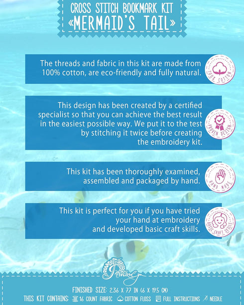 Povitrulya Mermaid's tail - Counted cross Stitch Bookmark Kit - DIY Embroidery set for Adults with Paper pattern, 16-count Aida Canvas and Presort...