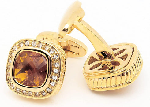 14K Gold Plated Brown Gem Stone Cufflinks for Men Wedding Dress Men Crystal Cufflink for Shirt Party Birthday Anniversary Dress...
