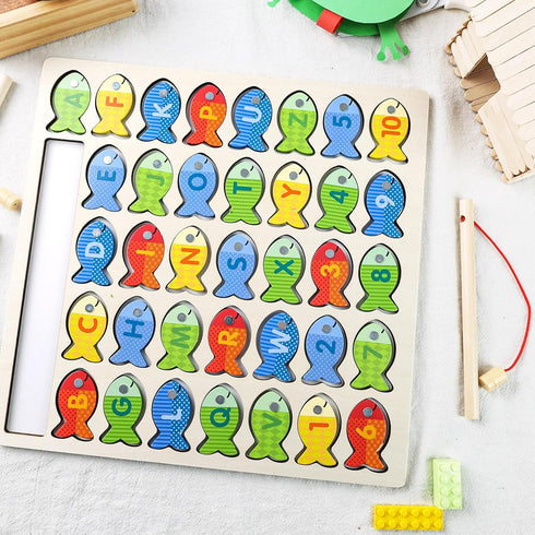 POPLAY Wooden Magnetic Fishing Game, Alphabet Fish Catching Counting Games Montessori Fine Motor Skills Toy with Letters and Numbers for Early Lea...