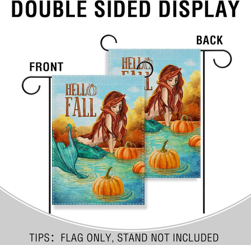 Hello Fall Lake Mermaid Home Decorative Garden Flag, Autumn Lakehouse Pumpkin Yard Lawn Outside Decor, Seasonal Outdoor Small Burlap Decoration Do...