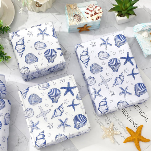 JarThenaAMCS 100 Sheets Ocean Tissue Paper Blue Sea Shell Starfish Gift Wrapping Paper Coastal Beach DIY Art Craft Tissue for Wedding Birthday Sum...