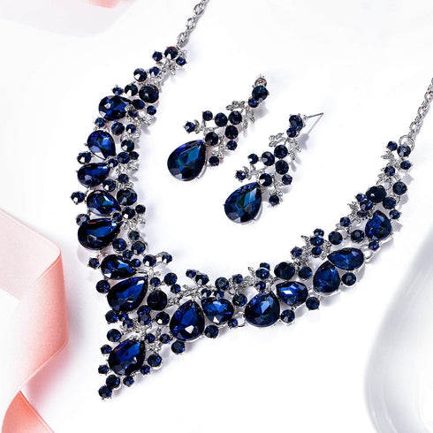 EVER FAITH Women's Crystal Elegant Bridal Floral Cluster Teardrop Statement Necklace Earrings Set...