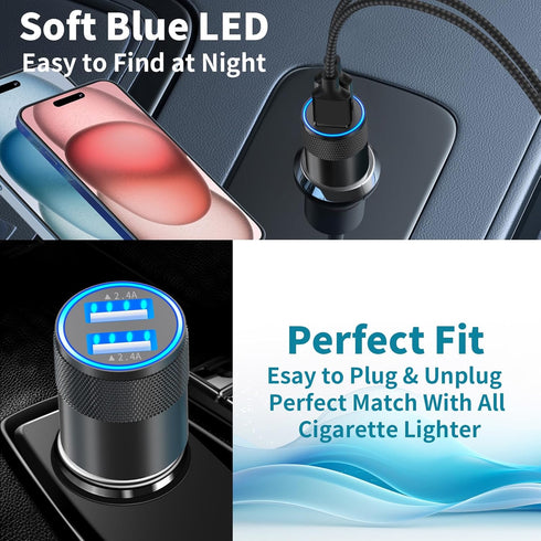 ?MFi Certified?iPhone 15 Fast Car Charger, Rombica 4.8A USB Car Power Cigarette Lighter USB-C Fast Car Charging + 2Pack Tyep-C Braided Cable for i...