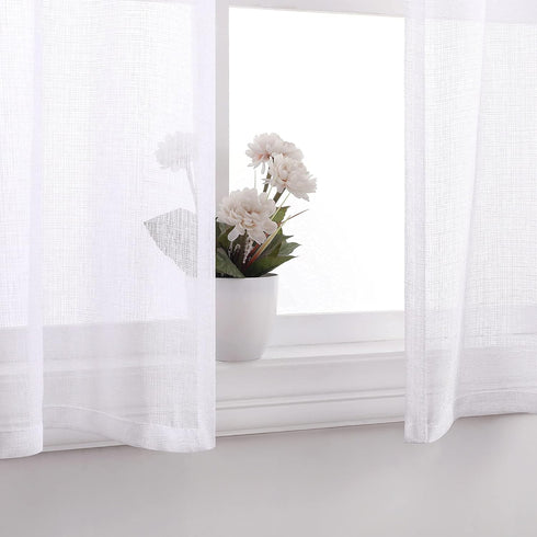 White Short Sheer Curtains 36 Inch Length for Kitchen Door 2 Panel Set Rod Pocket Cafe Curtains Linen Look Semi Sheer Tier Curtains for Small Wind...